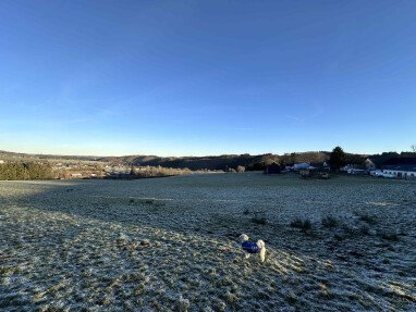 Blick auf Stellplatz 1+2, das Bauernhaus, sowie ins Tal im Winter